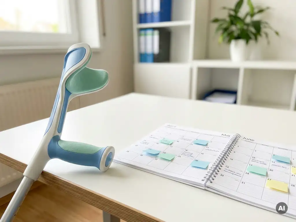 Unterarmgehstütze auf weißem Schreibtisch neben Mehrmonatskalender mit pastellfarbenen Haftnotizen in hellem Büro.