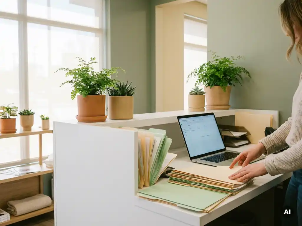 Sanitätshaus-Empfang mit sortierten Patientenakten und Abrechnungsordnern auf weißem Tresen, Laptop und grüne Zimmerpflanzen im Hintergrund.